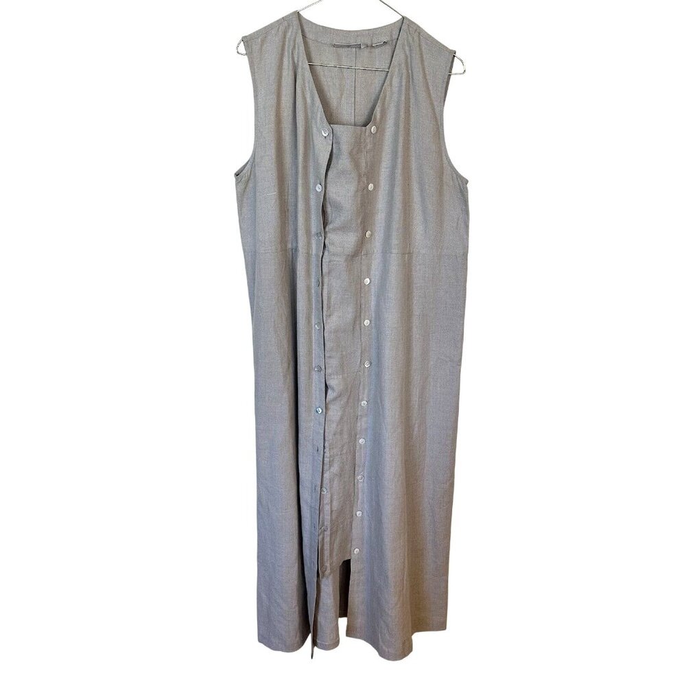 Vtg Valarie Stevens Beige Maxi Dress Linen Button Up Womens 12 Shift Lagenlook